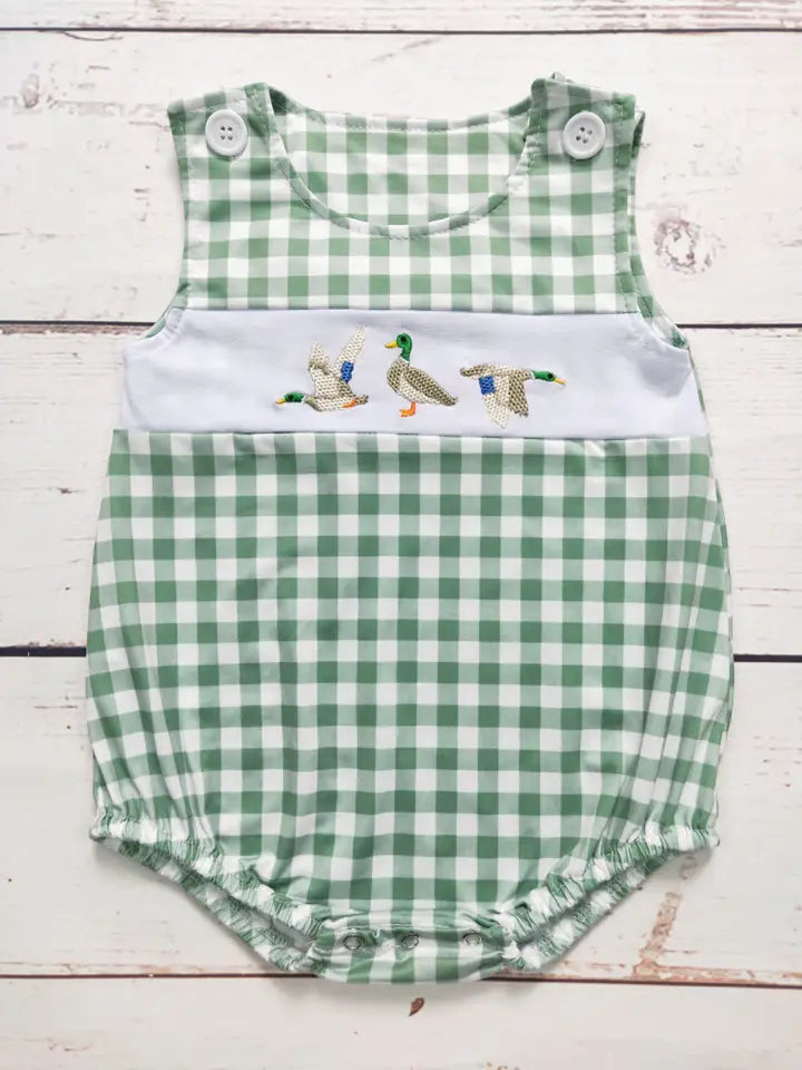 Duck Applique Green Checkered Romper